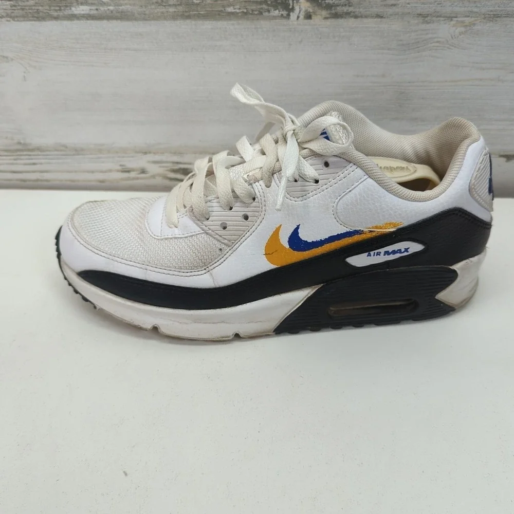 Nike Air Max 90 Double Swoosh White Black Gold Royal‎ FJ4592-100 7Y/8.5 Women